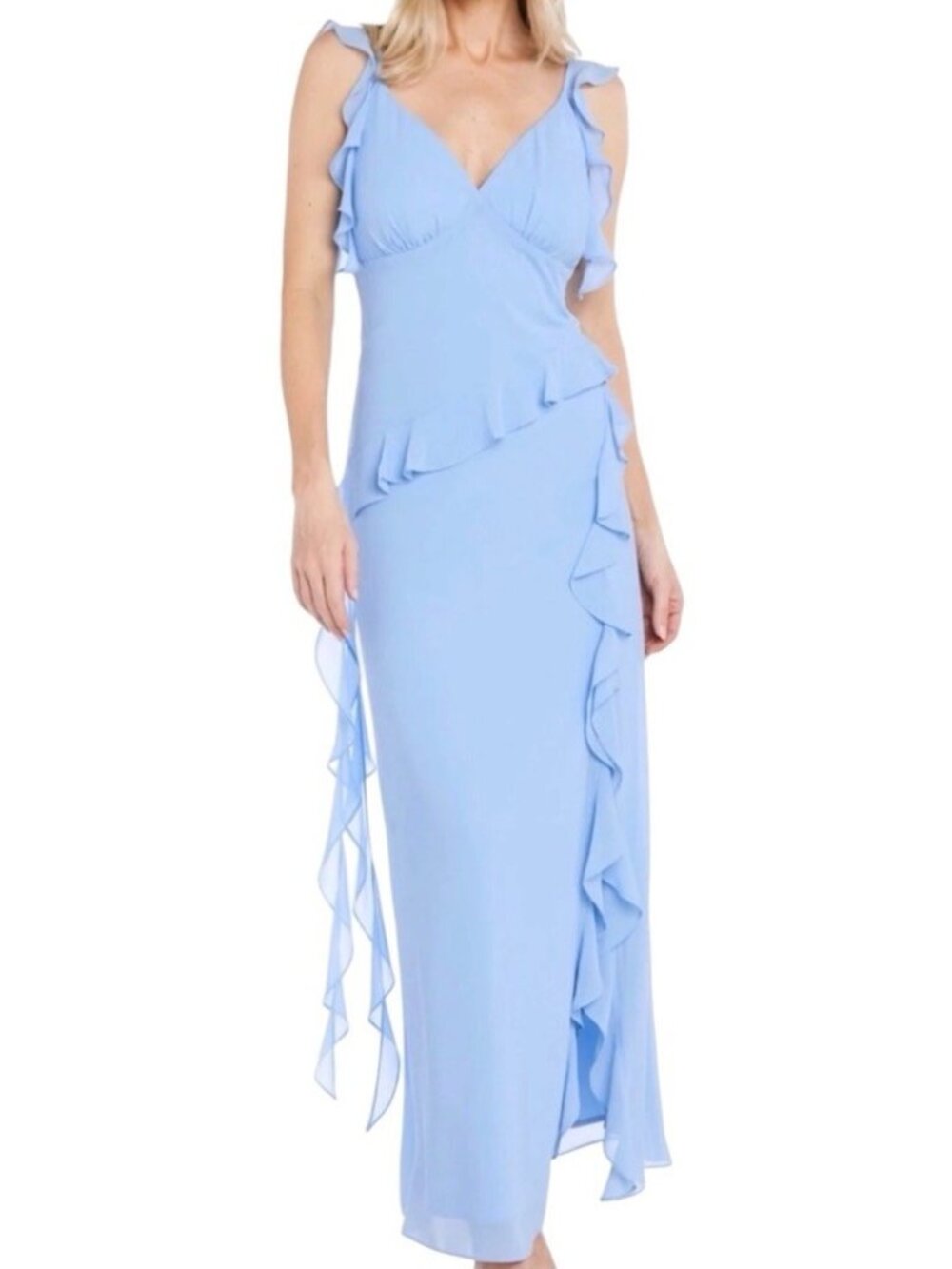 R&M Richards Periwinkle Chiffon Ruffle Formal Wedding Dress Sleeveless Size 18
